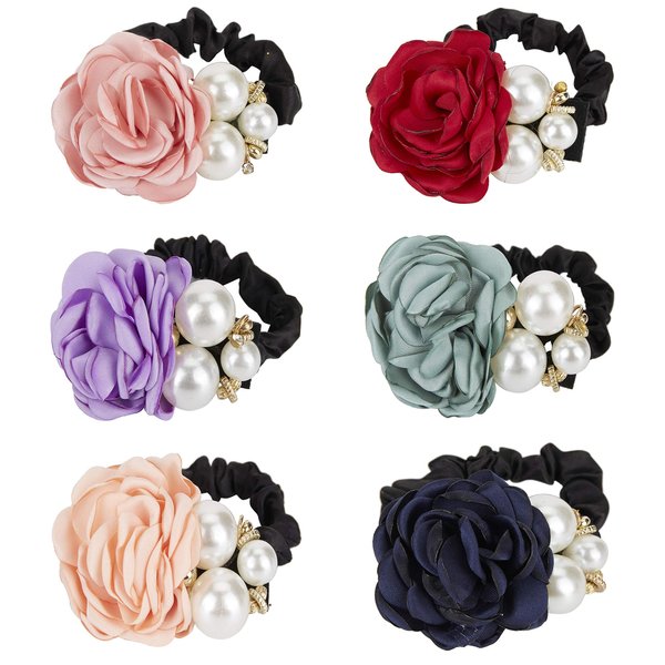 Lawie 6 Pack Colorful Handmade Pearl Rhinestone Rose Flower Hair Bows Elastics Bands Bubble Hair Ties Stretchy Rubber Hairbands Floral Headbands Scrunchies Ponytail Holder Accessories for Women Girl
