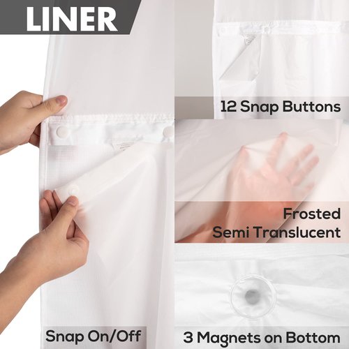 River Dream Waterproof PEVA Snap-in Shower Curtain Liner Replacement: No Hook Shower Curtain Liner Removable to Attach and Snap On/Off, Frost, 70x54