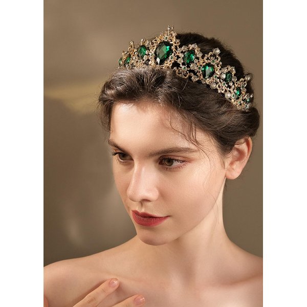 BERYUAN Bridal Baroque Emerald Green Crystal Gold Headpiece Gold Princess Wedding Headband Royal Crystal Rhinestone Hair Costume for Women and Girls (green)