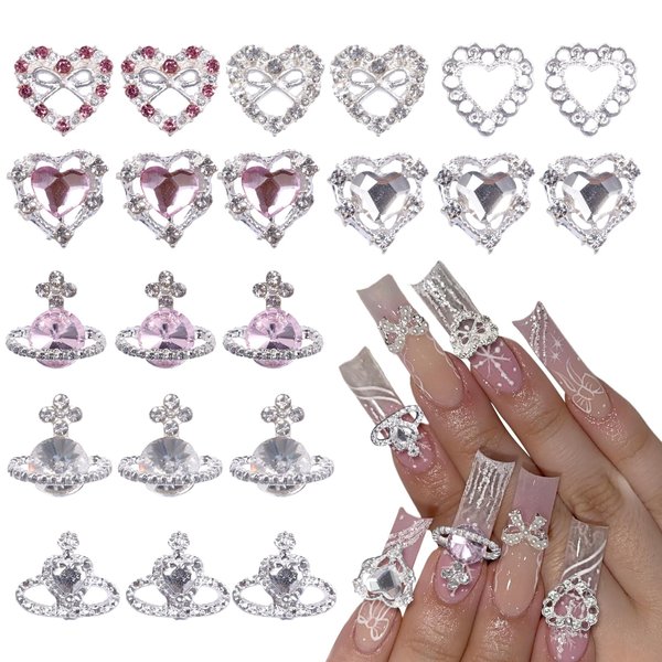 56Pcs Luxury Nail Art Rhinestone, Pink&White Silver Heart Nail Gems Charms, Silver Planet Gems Nail Diamond Rhinestones Jewels Charms for Girl Women DIY Nail Design Craft Jewelry Accessories