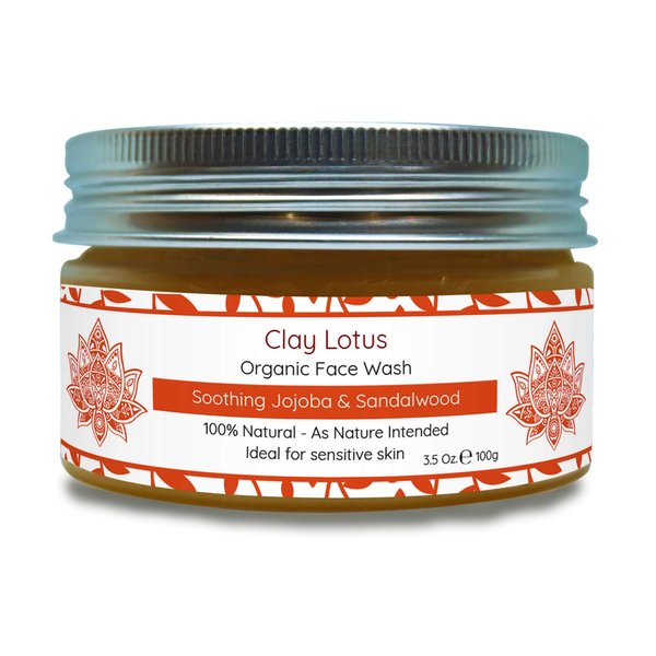 Clay Lotus Organic Face Wash - Gentle Cleanser for Sensitive Skin with Jojoba & Sandalwood. 100% Natural, Soothing, Hydrating, and Brightening. Non-Drying, Vegan Formula for Women & Men