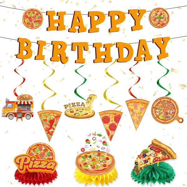 Refavor Pizza Party Decorations - 11PCS Pizza Birthday Party Decorations Pizza Happy Birthday Banners Hanging Swirl Pizza Theme Honeycomb Centerpieces Table Decor Supplies Pizza Decorations for Party