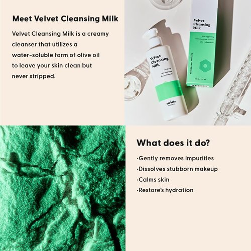 Stratia Velvet Cleansing Milk | Gentle Cream Face Cleanser | Moisturizing, Non-Foaming | Chamomile, Olive Oil & Aloe Vera | 4 Fl Oz