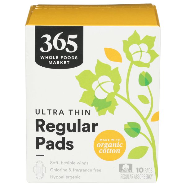 365 by Whole Foods Market, Ultra Thin Pads with Wings, Regular Absorbency, Made with Organic Cotton, 10 Count