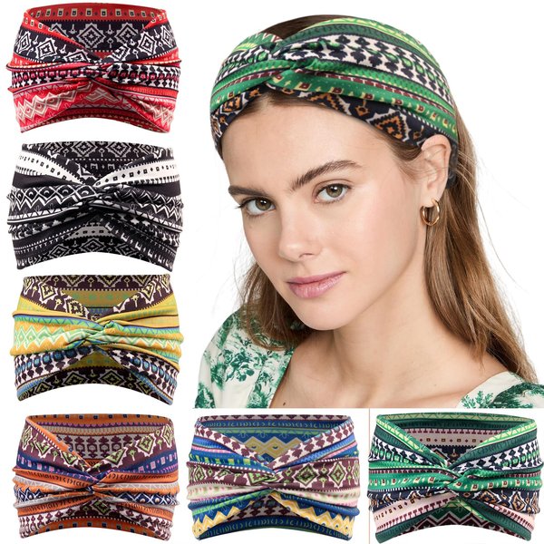 Carede Wide Headbands for Women No Slip Boho Head Bands Soft Turban Twist knot Headband Yoga Workout Head Wraps for Women, Pack of 6