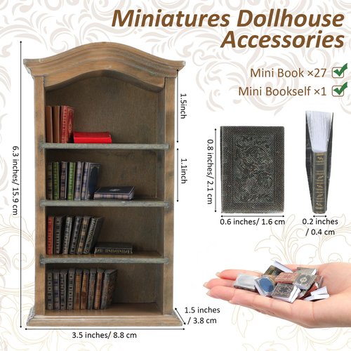 Poen 27 Pcs 1: 12 Scale Miniatures Dollhouse Books and a Wooden Bookcase Dollhouse Decoration Accessories 1: 12 Dollhouse Miniature Furniture 4 Floors Dollhouse Bookshelf (Vintage Color)