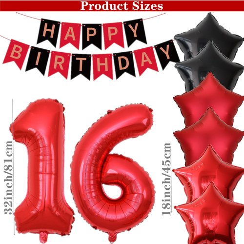 16th Birthday Decorations for Boys Red and Black 16th Happy Birthday Banner Sixteen Birthday Supplies Number 16 Balloon Foil Fringe Curtains Latex Balloons for Him Her 16 Year Old Birthday Party