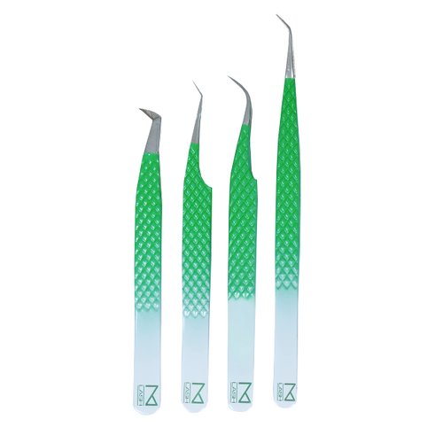 M LASH Tweezers for Eyelash Extensions (Set of 4) - Professional Lash Extension Tweezers - Fiber Tip, Japanese Steel, Diamond Grip Eyelash Extension Tweezer (O4)