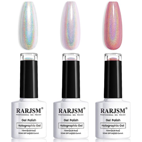 Holographic Nail Polish Set 3PCS Rose Gold Silver Red Gel Polish Kit Soak off Nail Gel with Glitter Mermaid Unicorn Effect Curing Required for Nail Art Design Manicure Salon DIY at Home