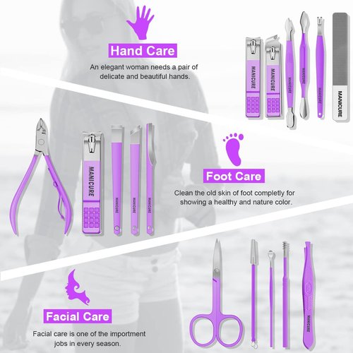 Manicure Set Professional Nail Clippers Pedicure Kit, 16 pcs Stainless Steel Nail Care Tools Grooming Kit with Luxurious Travel Leather Case for Thick Nails Men Women Gift (Violet)