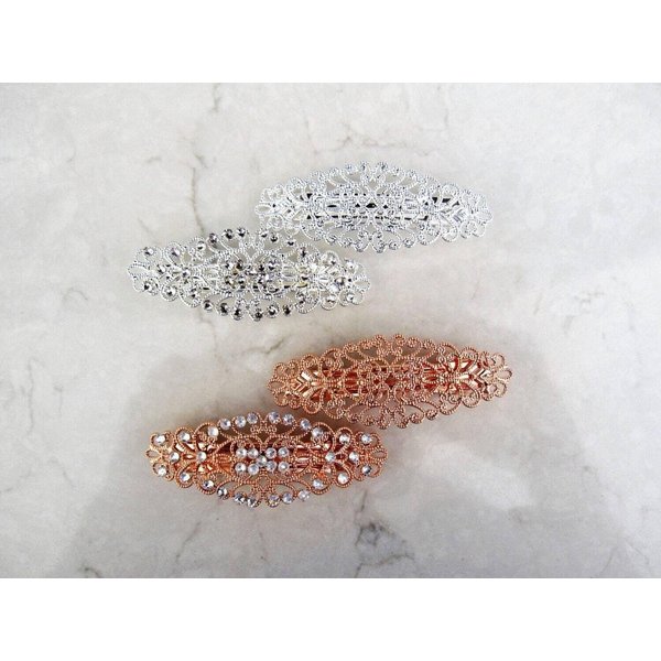 Antique silver or rose gold crystal hair clip clamp barrettes bridal (Crystal option: No crystals, Primary color: Rose gold/copper)