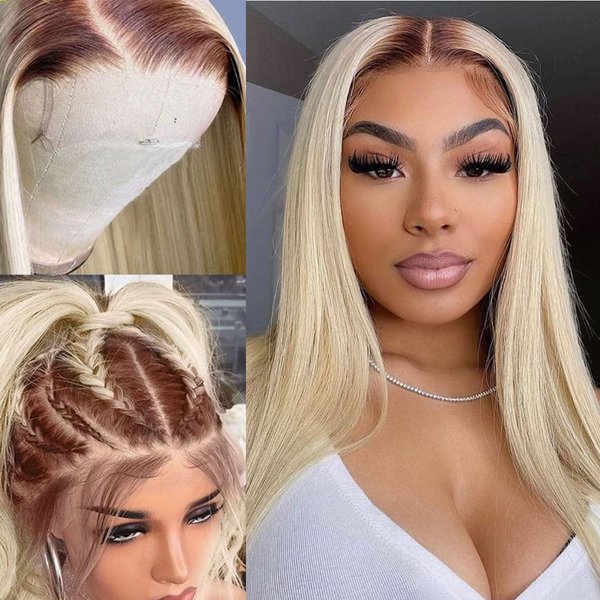 YOKADA HAIR 13X6 Lace Front Wigs Ombre 613 Blonde Colored Lace Frontal Human Hair Wig Brown Root Straight for Black Women Full Pre Plucked Wig Brazilian Human Hair Wig (20Inch, 13x6 Lace Front Wig)