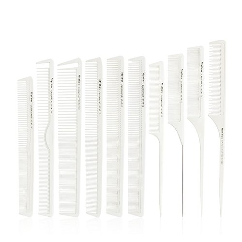 10 Pieces Carbon Hair Styling Comb Set: Professional Fine and Wide Tooth Comb Rat Tail Combs Anti Static Heat Resistant Hairdressing Comb for All Hair Types Types & Styles(White)