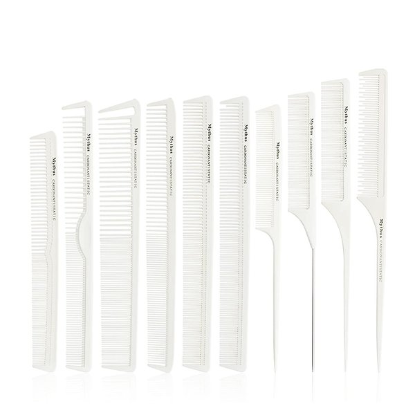 10 Pieces Carbon Hair Styling Comb Set: Professional Fine and Wide Tooth Comb Rat Tail Combs Anti Static Heat Resistant Hairdressing Comb for All Hair Types Types & Styles(White)