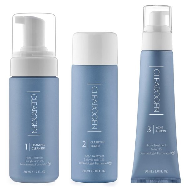 Clearogen Sensitive Skin Acne Treatment Set with Sulfur Lotion, Foaming Cleanser, Clarifying Toner, Kit for Hormonal Acne & Blemishes, 1-Month Senstive Skin Kit
