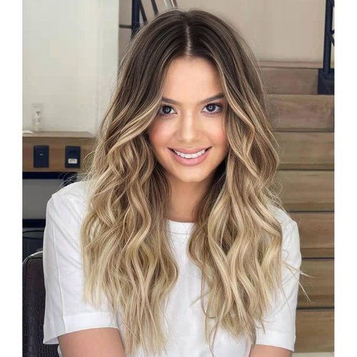 Lativ Blonde Wigs for Women,Long Dark Blond Wigs 20 Inches Medium Length Ombre Wavy Wig with Dark Roots Synthetic Heat Resistant Hair for Daily Party Use