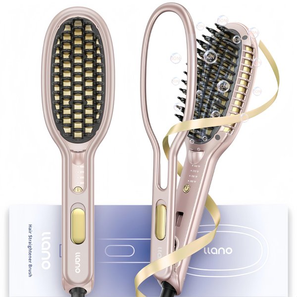 Llano Hair Straightener Brush, Upgraded Ionic Hair Straightening Comb with Holder Clamp, Anti-Frizz Ceramic, Anti-Scald Ceramic straightening Brush All Hair Types (Pink)