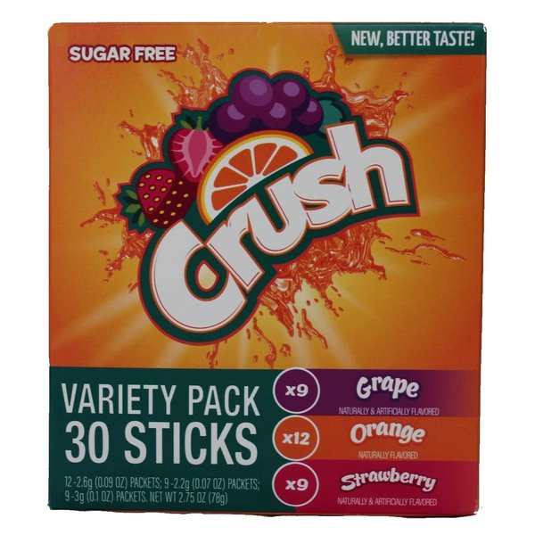 Crush Singles Berry Punch. Grape, Orange To Go Sugar Free Drink Mix Variety Pack 2.64 oz 30 sticks