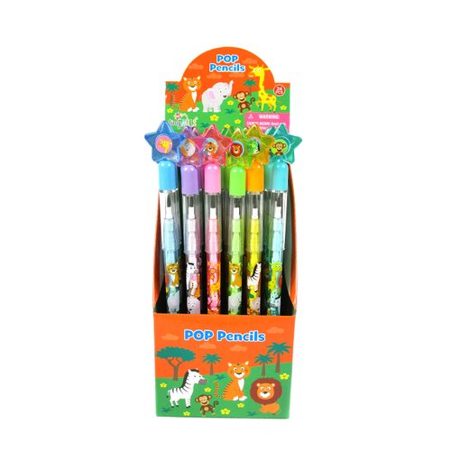 TINYMILLS 24 Pcs Safari Jungle Animals Stackable Push Pencil Assortment with Eraser for Party Favors Goodie Bag Stuffers VBS Classroom Rewards Pinata Fillers Carnival Prize Barnyard Party
