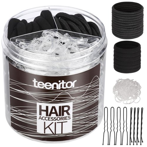 Teenitor Hair Ties Kit, 500pcs Clear Elastic Hair Bands, 30pcs Ponytail Holders Elastic Hair Ties, 30pcs Seamless Thick Black Hair Ties, 20pcs Hair Bobby Pins and 20pcs U Shaped Hair Pins