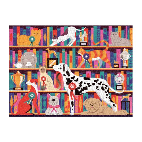 Galison Best in Show – Michael Driver 1000 Piece Puzzle Featuring A Witty Shelfie of Felines and Canines Sharing Trophies and Books