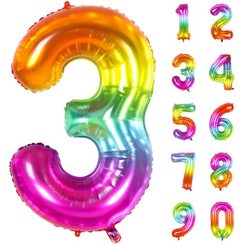 Number Balloon | Number 3 Balloon for 3rd Rainbow Birthday Decorations | Giant Multicolor Mylar 3 Balloon Number - 40 Inch | Big Foil Colorful 3 Birthday Balloon for Anniversary Party Supplies Favors