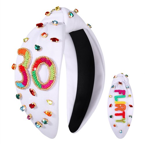 boderier 30th Birthday Gifts for Women FLIRTY 30 Birthday Headband Beaded Crystal Embellished Knotted Headband 30th Birthday Decorations Party Accessory (30)