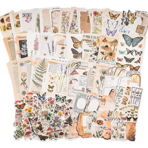 Knaid Vintage Scrapbook Supplies Pack (200 Pieces) for Junk Journal Bullet Journals Planners Botanical Paper Stickers Craft Kits Aesthetic Cottagecore Collage Album (Nature)