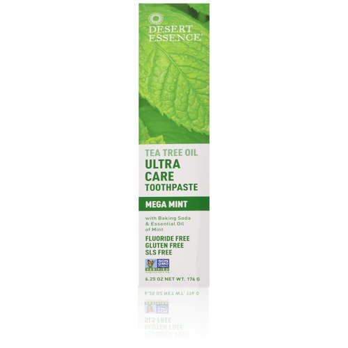 Desert Essence Tea Tree Oil Ultra Care Toothpaste 6.5 oz - Non-GMO, Gluten Free, Vegan, Cruelty Free, Fluoride Free - Pure Australian Tea Tree Oil, Baking Soda & Chamomile, Fights Bacteria & Plaque