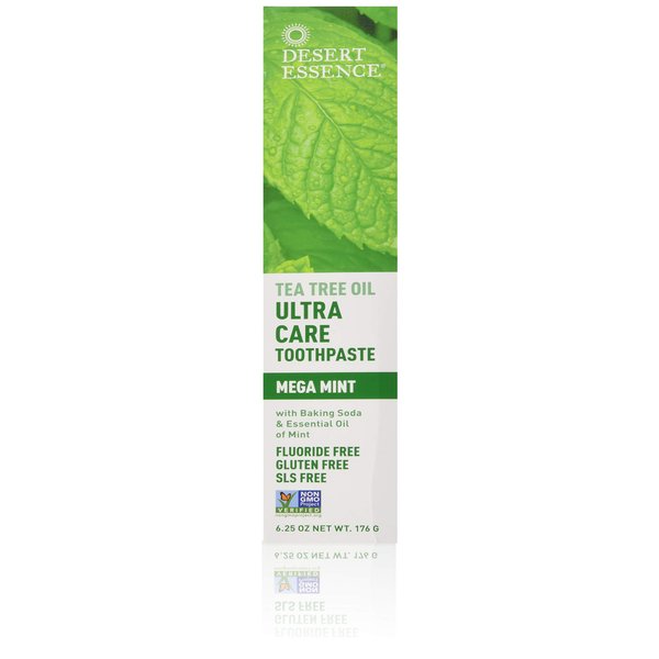 Desert Essence Tea Tree Oil Ultra Care Toothpaste 6.5 oz - Non-GMO, Gluten Free, Vegan, Cruelty Free, Fluoride Free - Pure Australian Tea Tree Oil, Baking Soda & Chamomile, Fights Bacteria & Plaque