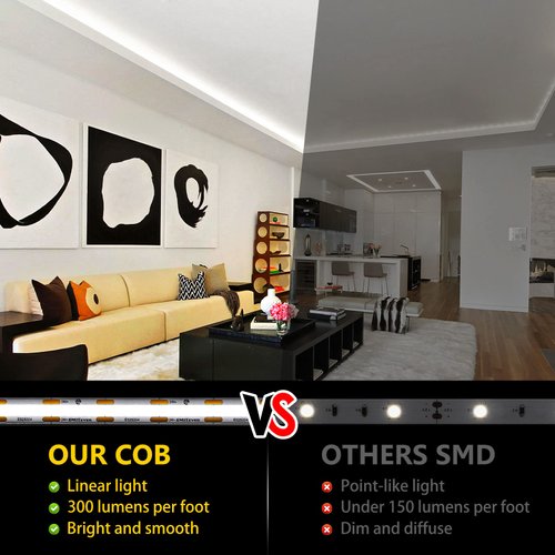 EMITEVER COB LED Strip Lights Cool White, 5000K Tape Light 32.8ft Premium High Density, DC 24V, 300+Lumens/ft, 4800LEDs/Spool, CRI 90+, 3W/ft, UL Listed 5 Year Warranty (Power Supply Sold Separately)