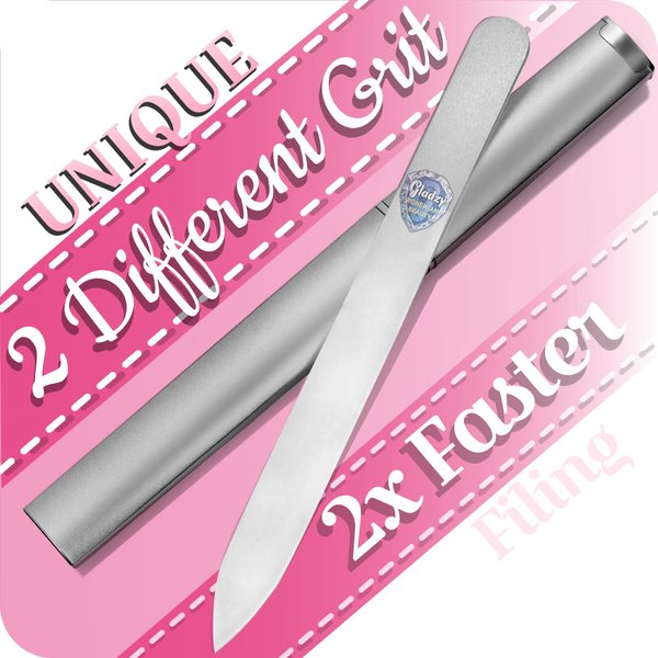 GLADZY Czech Glass Nail File with Case - Etched Crystal Nail File for Natural Nails, Double Sided Different Grit Surface, Professional Nail Care Tool with Case, Manicure Nail Shaper, Made in EU