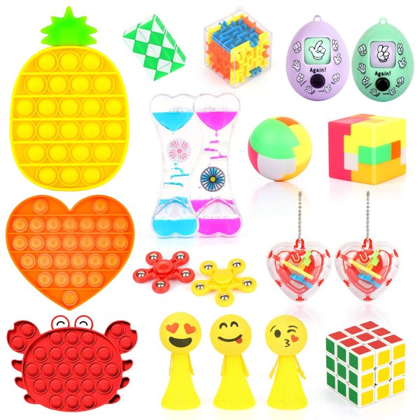 Fidget Toys Set with 3PCS Push Pop Bubble Sensory Toys, 18 Pack Stress Relief and Anti-Anxiety Toys for Kids Adults ADHD ADD Anxiety Autism with Puzzle Balls, Liquid Motion Timer, Guessing Egg Toys