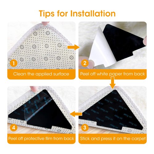 Rug Tape, 10 Pcs Double Sided Non Slip Reusable Rug Stopper, Washable for Hardwood, Tile, Carpets, Floor Mats, Wall (Black)