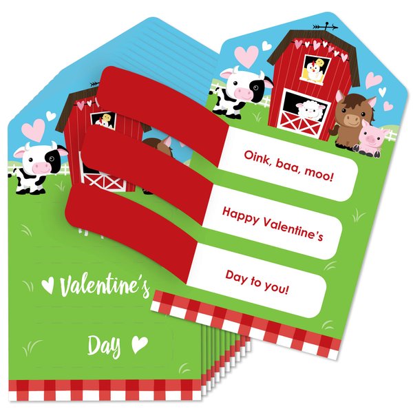 Big Dot of Happiness Farm Animals - Barnyard Cards for Kids - Happy Valentine’s Day Pull Tabs - Set of 12