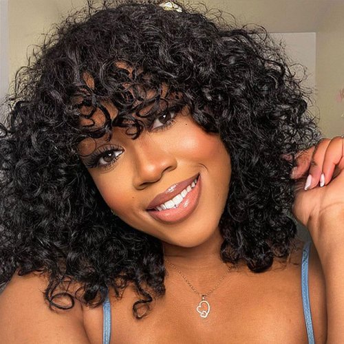 DÉBUT 10 Inch Water Wave Bob Wig with Bangs Human Hair Short Bob Curly Wigs Wear and Go Bangs Bob Glueless Wig 150% Density 1B Color