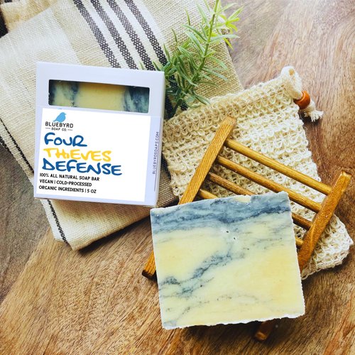 Bluebyrd Soap Co. Defender Thieves Blend Essential Oil Soap Bar 5oz | 100% All Natural Bar Soap Made with Four Thieves Essential Oil Blends | Natural Defense Soap Bar | Cleansing Thieves Defense Body Wash Bars Fragranced with 100% Essential Oils Handmade 
