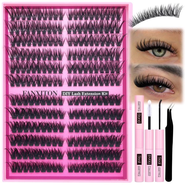 FANXITON Lash Clusters Kit 60D+80D Volume Lash Clusters Cat Eye Lashes Lash Clusters 224 pcs Eyelash Curlers D Curl Thick Individual Lashes Clusters Bond and Seal Lash Extension Kit Lash Tweezers