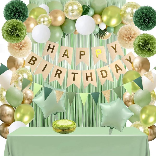 Toylin Sage Green Birthday Decorations, Green Party Decor Balloons with Happy Birthday Banner Fringe Curtain Background Green Pom Poms, Green Birthday Decorations for Baby Boys Girl Men Women