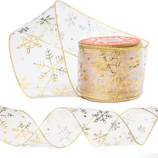 VGOODALL Gold Snowflake Ribbon,2.4 Inch 10 Yards Glitter Gold and Silver Christmas Wired Ribbon for Christmas Garland Gift Wrapping Tree Decoration Home Decor Bow Making
