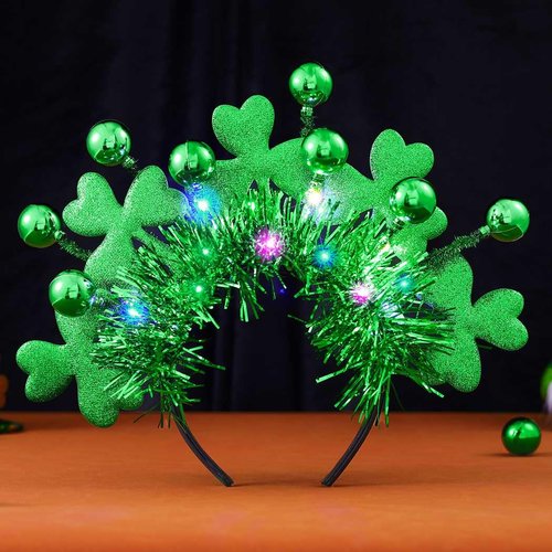 GORTIN Light up St Patrick's Day Headband LED Shamrock Hair Band Green Irish Headband Rave Party Costume Headwear Hair Accessories for Women and Girls