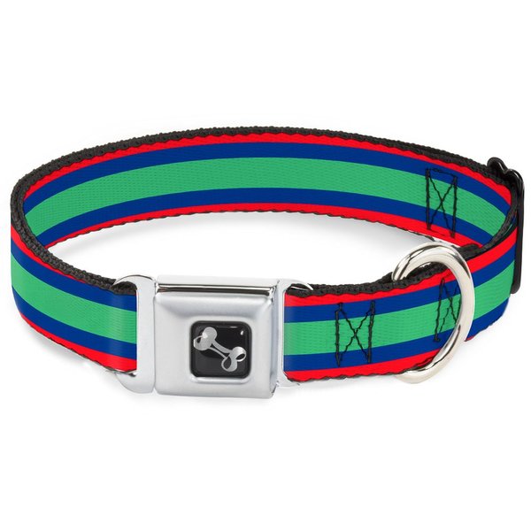 Dog Collar Seatbelt Buckle Stripes Red Blue Green 18 to 32 Inches 1.5 Inch Wide