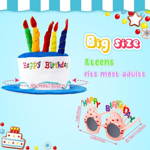 2 Plush Birthday Hats for Adults, 2 Sweet Cream Glasses, Party Novelty Decorations and Props - Happy Birthday Sunglasses, Fancy Hats