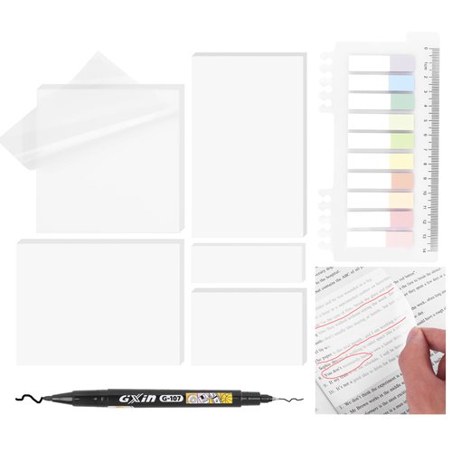 7 Pack Transparent Sticky Notes with Marker, Translucent Sticky Note Pads for Book Notes Highlights, Clean Removal