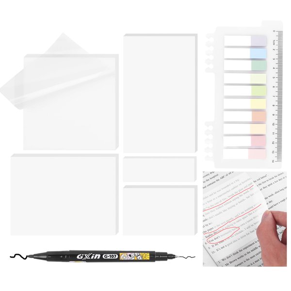 7 Pack Transparent Sticky Notes with Marker, Translucent Sticky Note Pads for Book Notes Highlights, Clean Removal