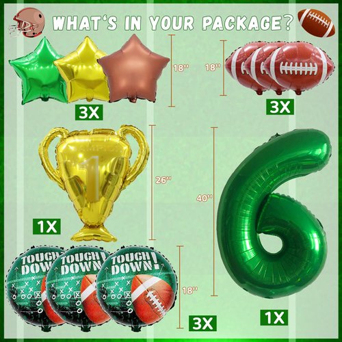 14Pcs Football Balloons, Football Birthday Party Decorations Sports Theme Birthday Party Decoration Include 40Inch Green Number Balloon for 6th Football Birthday Party Supplies