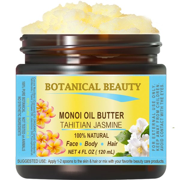 Botanical Beauty MONOI OIL BUTTER TAHITIAN JASMINE Pure Natural Virgin Unrefined RAW 4 Fl. Oz.- 120 ml for FACE, SKIN, BODY, DAMAGED HAIR, NAILS