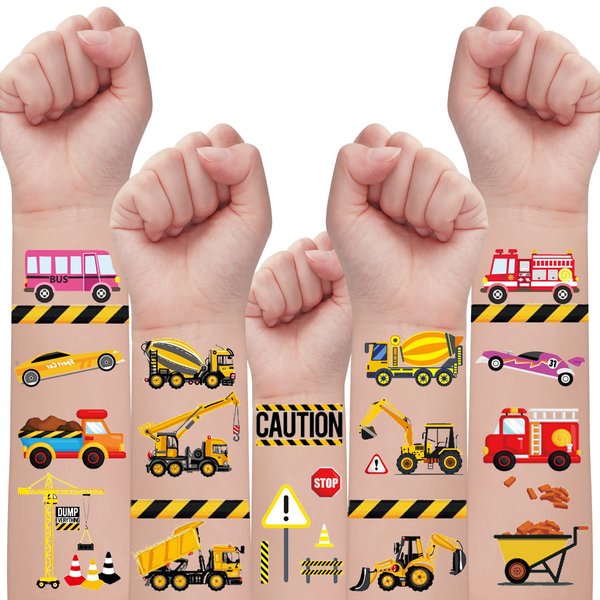 Partywind 110 PCS Cars and Trucks Temporary Tattoos for Kids, Construction Tractor Themed Birthday Party Supplies Decorations for Boys, Construction Trucks Fake Tattoos Stickers for Toddlers