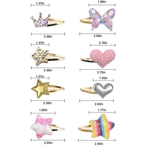 Gingbiss Hair Clips for Girls - 8 Pairs of Star, Crown, Heart, Butterfly Shaped Barrettes and Pins - Metal Snap Accessories for Styling Kids' Hair