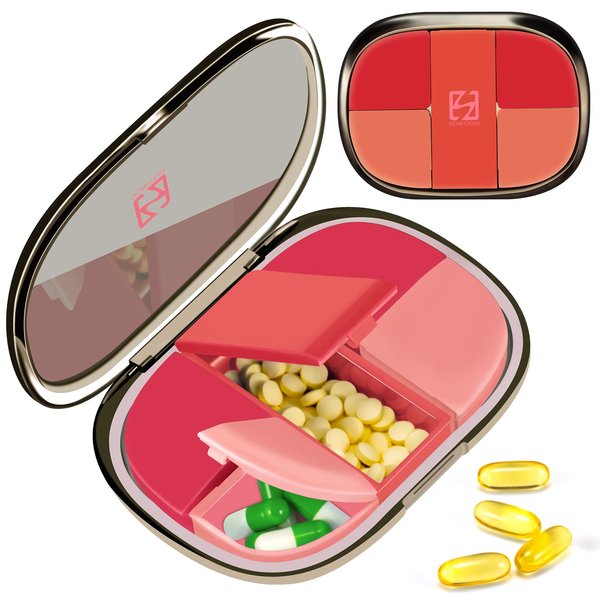 Daily Pill Case Organizer Pocket Pharmacy, Chrxbei Pill Container Case Travel Must Haves with 5 Compartments, Portable Pill Splitter Holder Box for Vitamin, Medication, Supplement and Fish Oil - Red